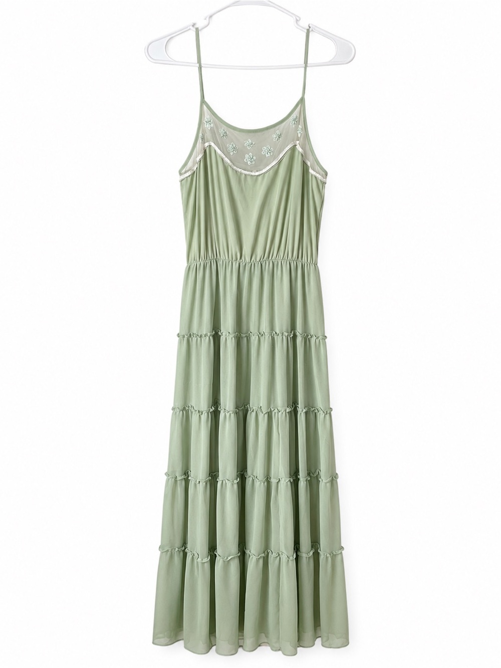 Free People Boho Seafoam Tiered Maxi Chiffon Dress Beaded Embellishment Small
